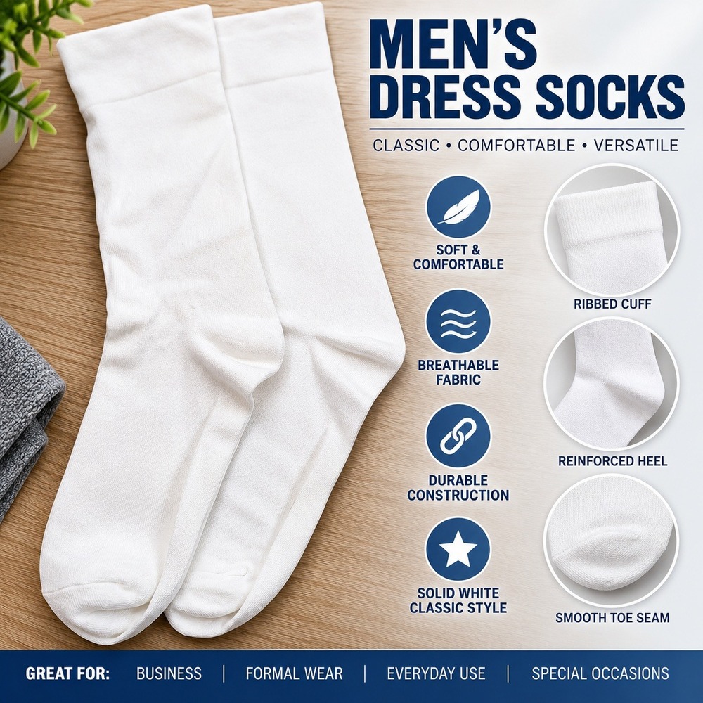 Mens Dress Socks Solid White Classic Ribbed Cuff Crew Socks Formal Business Wear